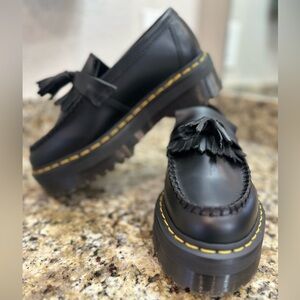 Dr. Martens Black Leather Platform Tassel Loafers with Yellow Stitching